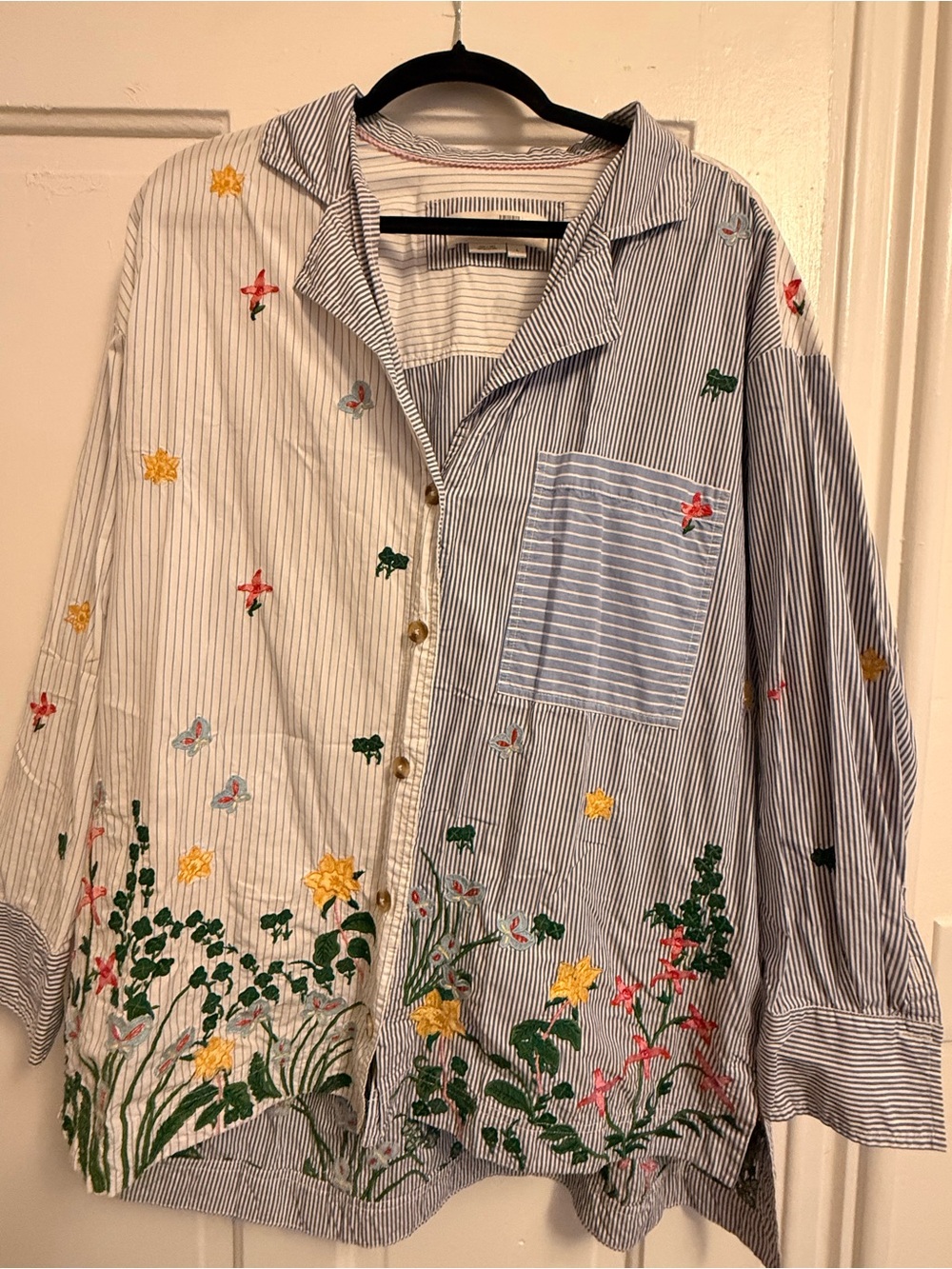 Anthropologie Striped Embroidered Floral Button-Up Shirt - Blue/White